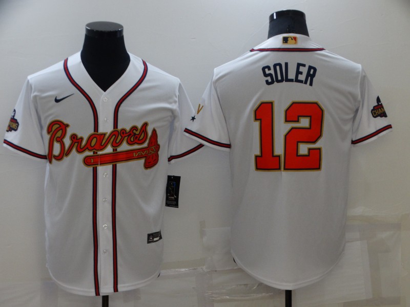 Men's Atlanta Braves #12 Jorge Soler 2022 White/Gold World Series Champions Program Cool Base Stitched Baseball Jersey Men's Atlanta Braves #12 Jorge Soler 2022 White/Gold World Series Champions Program Cool Base Stitched Baseball Jersey